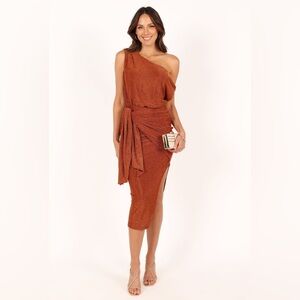 SANTIAGO OFF SHOULDER MIDI DRESS - BRONZE
